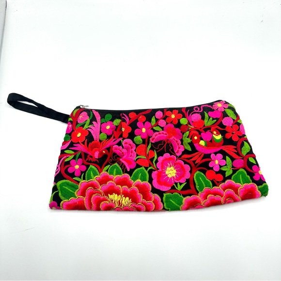 Embroidered Tropical Floral Bird Clutch Makeup Bag Travel Pouch Boho Colorful - Picture 2 of 12